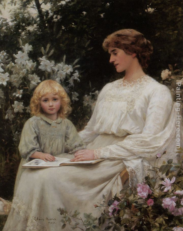 Portrait of a mother and daughter reading a book painting - Edwin Harris Portrait of a mother and daughter reading a book art painting